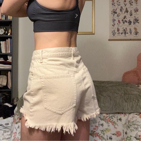 Beige Frayed Distressed Denim High Waisted Shorts - Picture 1 of 3